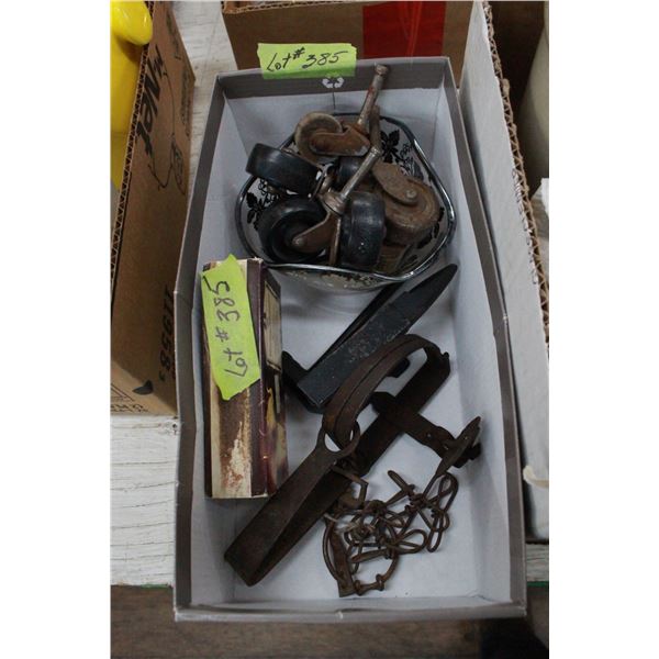 Box of - Trap, Casters, Miniature Anvil & Hammer