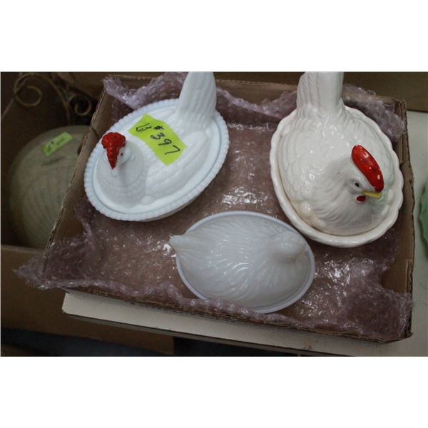 3 - Hens on Nests - (2 Milk Glass)
