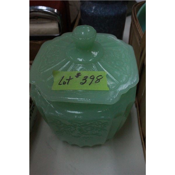 Cookie Jar - Green Embossed Glass - Like Depression