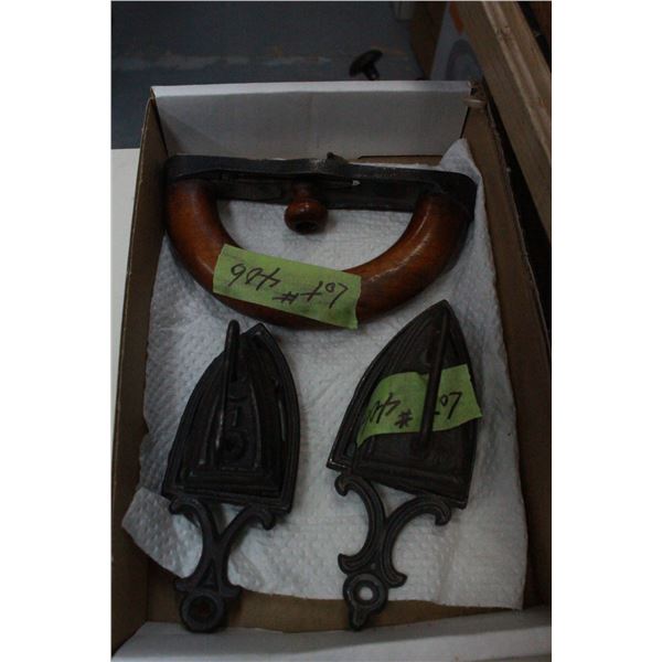 2 Miniature Irons With Trivets & a Sad Iron Handle
