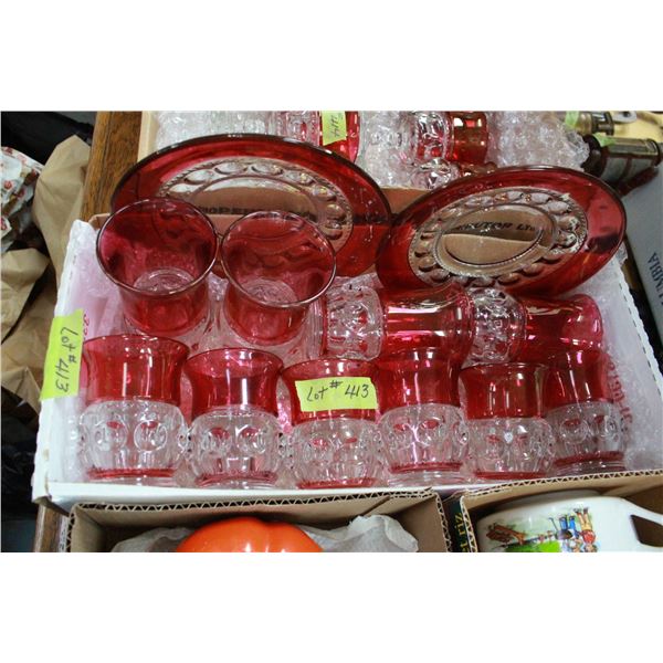 10 Cranberry Trim (Heavy) Glasses (2 sizes) & 2 Plates