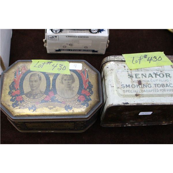 2 Collector Tins - "Coronation Casket Tin" &  "Senator" Tobacco Tin