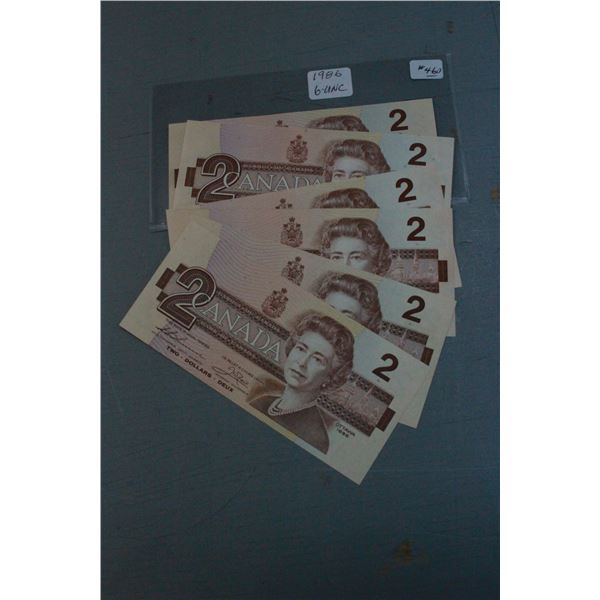 Canada Two Dollar Bills (6) 1986; UNC