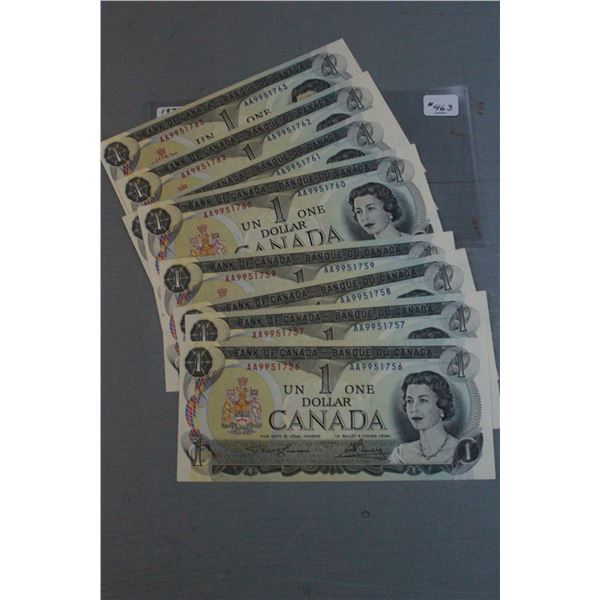 Canada One Dollar Bills (8) 1973; Seq. C-UNC