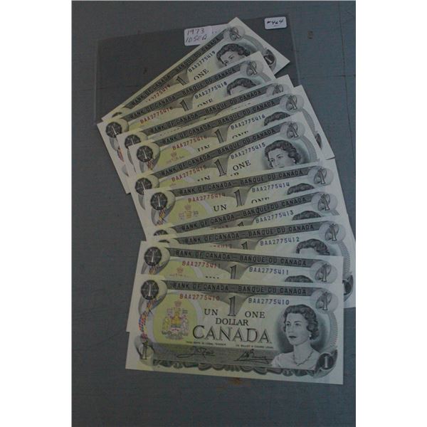 Canada One Dollar Bills (10) 1973 Seq. UNC