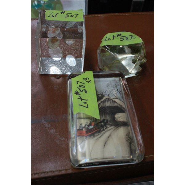 3 Paperweights (One with Canadian coins)