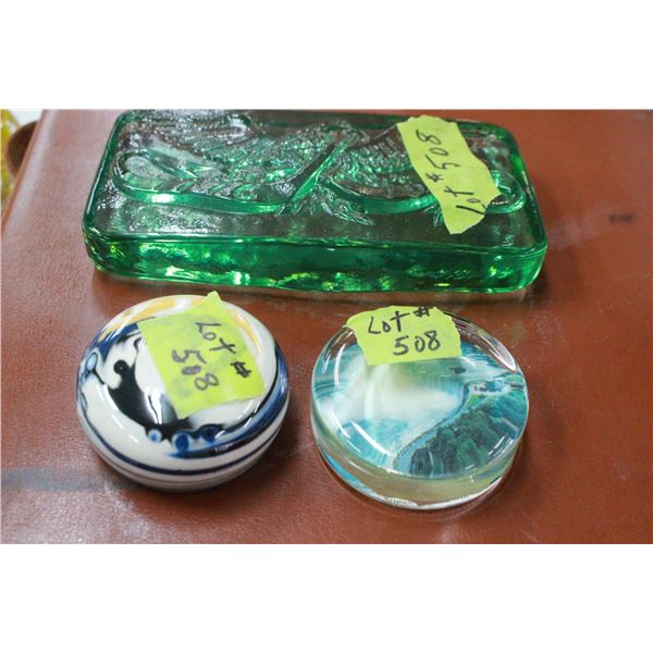 3 Paperweights ( One is signed - DUNSTER)