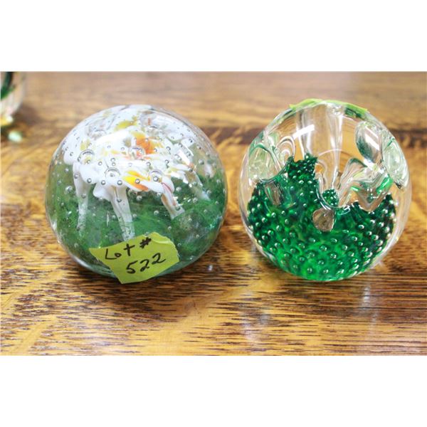2 Paperweights; Green & Bubbly