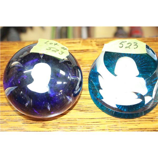 2 Blue Paperweights with bust-like images inside