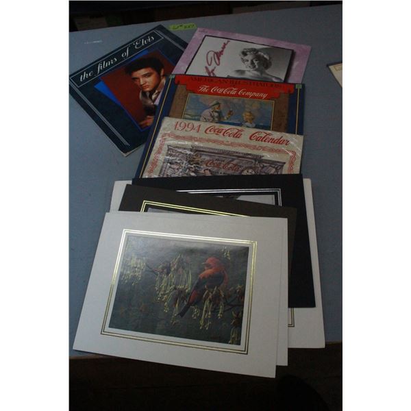 3 Sealed Calendars, 2 Coca Cola, 1 Marilyn Monroe, 1 Elvis & Bird Pictures