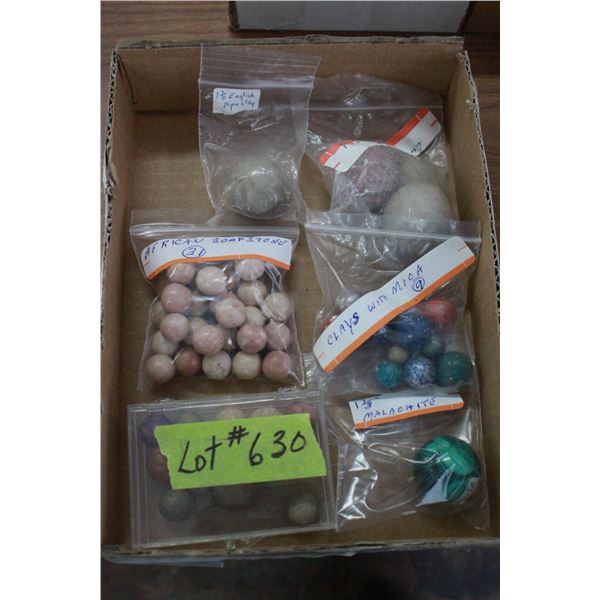 Assorted Marbles - Malachite, Clays with Mica, Pipe Clay & African Soap Stone