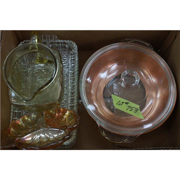 Sandwich Plates; Copper/Glass Serving Bowl & a Pitcher