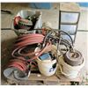 Image 1 : Pallet of Air Hoses, Winders, Wheels, Parts, etc & 3 Drawer Plastic Storage
