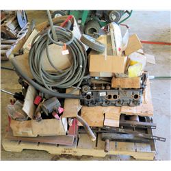 Pallet of Air Hoses, Cart Align, Engine Head, Rollers, Wheels, Parts, etc