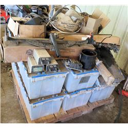 Contents of Pallet: Plastic Bins & Wheels, Hoses, Parts, Batteries, etc