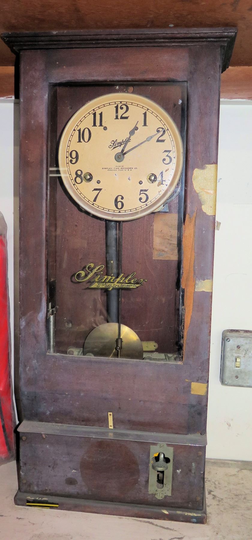 Vintage Simplex Time Recorder Clock in Wooden Case w/ Pendulum