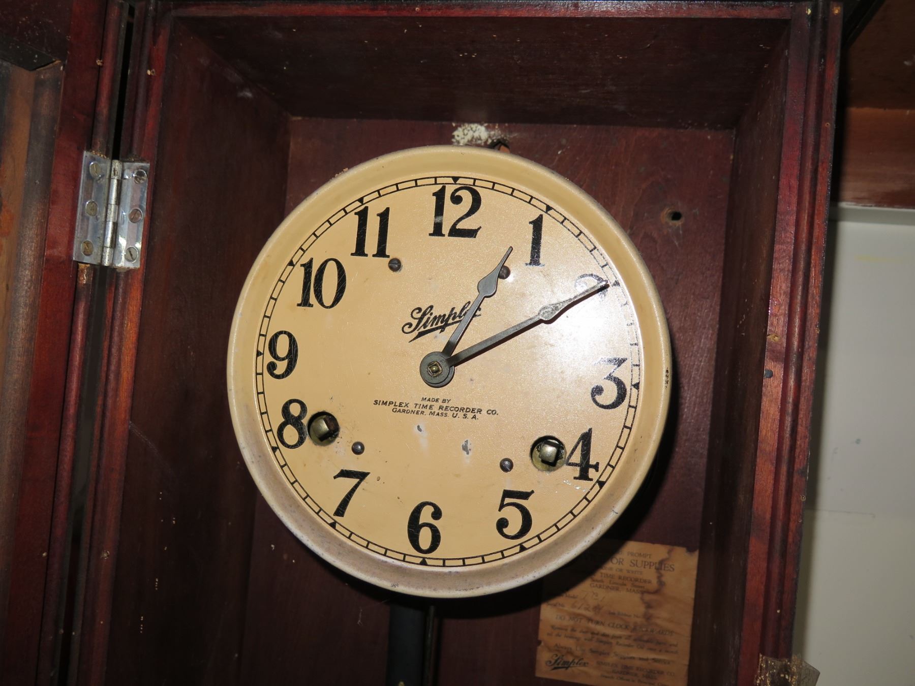 Vintage Simplex Time Recorder Clock in Wooden Case w/ Pendulum
