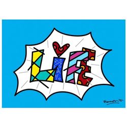 Romero Britto "Life Blue Mini Word" Hand Signed Giclee on Canvas; Authenticated