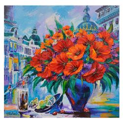 Yana Rafael, "Wine, Fruit and Flowers in the City" Hand Signed Original Painting on Canvas with COA.