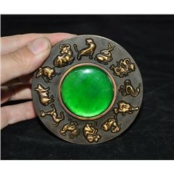 A BRONZE INLAY GREEN JADE MIRROR QING DYNASTY.