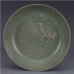 A GREY CRACKLE PHOENIX PLATE MING DYNASTY.