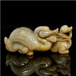 A HETIAN JADE DOUBLE DUCK STATUE QING DYNASTY.