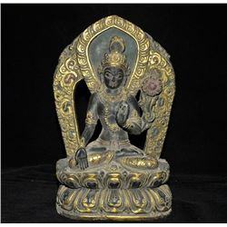 A BLACK JADE GILDED KAWN-YIN BUDDHA FIGURE QING DYNASTY.