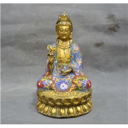 A BRONZE CLOISONNE KAWN-YIN FIGURE QING DYNASTY.
