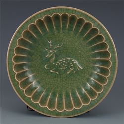 A CELADON DEER PLATE MING DYNASTY.