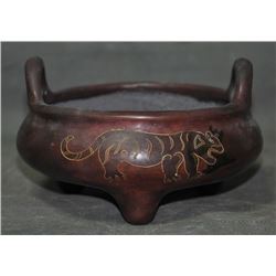 A BRONZE DOUBLE HANDEL TIGER CENSER QING DYNASTY.