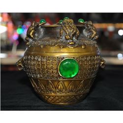 A BRONZE INLAY GREEN JADE FOOD POT QING DYNASTY.
