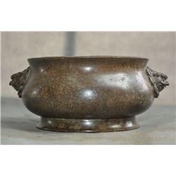 A BRONZE DOUBLE EAR BEAST CENSER QING DYNASTY.
