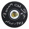 Image 1 : BOBBY HULL SIGNED CHICAGO BLACKHAWKS LOGO HOCKEY PUCK W/HOF 1983 (SCHWARTZ COA)