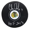 Image 1 : CHRIS CHELIOS SIGNED BLACKHAWKS LOGO HOCKEY PUCK W/HOF 2013 (SCHWARTZ COA)