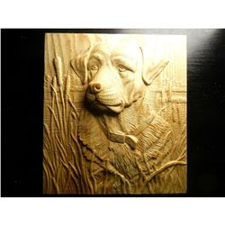 Hunting Dog & Cattails Carved Wooden Plaque