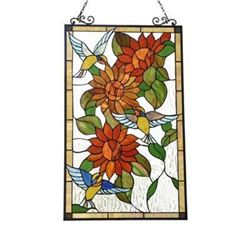 Sunflowers & Hummingbirds Stained Glass Hanging Window Panel