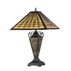 Tiffany Mission Style Double Lit Stained Art Glass Library Lamp