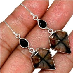 Chiastolite Cross Stone & Onyx Sterling Silver Earrings