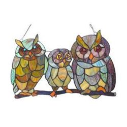 Owl Family Hanging Art Glass Panel