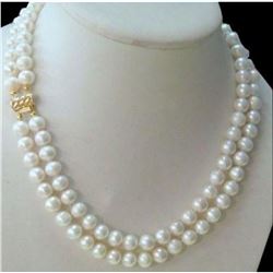 2 Row 8-9mm Akoya White Pearl Necklace 14k Clasp