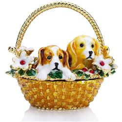 Puppies In Flower Basket Trinket Jewel Box