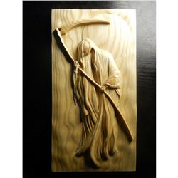 Carved Wood Plaque, Death, Grim Reaper