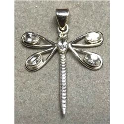 White Topaz Sterling Silver Dragonfly Pendant