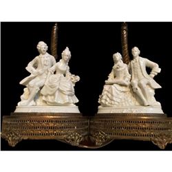 Vintage Pair 1940's White Porcelain Colonial Couple Boudoir Vanity Lamps