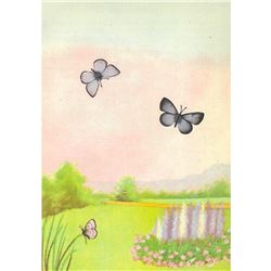 1920's Silvery Blue Butterfly Color Lithograph Print