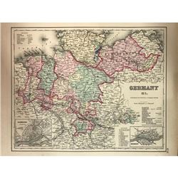 19thc Colton Hand-colored Map of Germany
