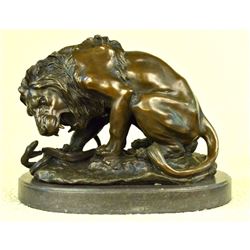 Signed Barye, Lion & Snake Bronze Sculpture