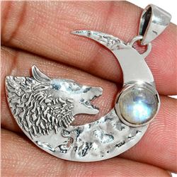 Moonstone Wolf & Crescent Moon Sterling Silver Pendant