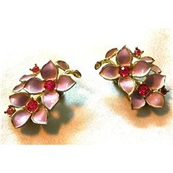 Vintage Sarah Coventry Pink Enamel & Crystal Floral Clip On Earrings