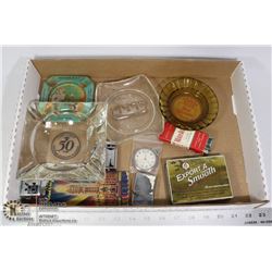 LOT OF VINTAGE LIGHTERS,ASHTRAYS,POCKET WATCH